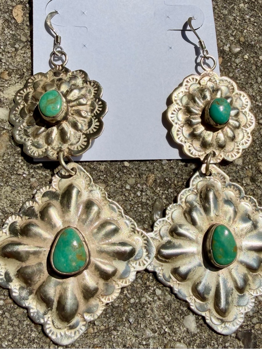 Sterling Silver/Turq Concho Drop Earrings, Artist Stamped JM